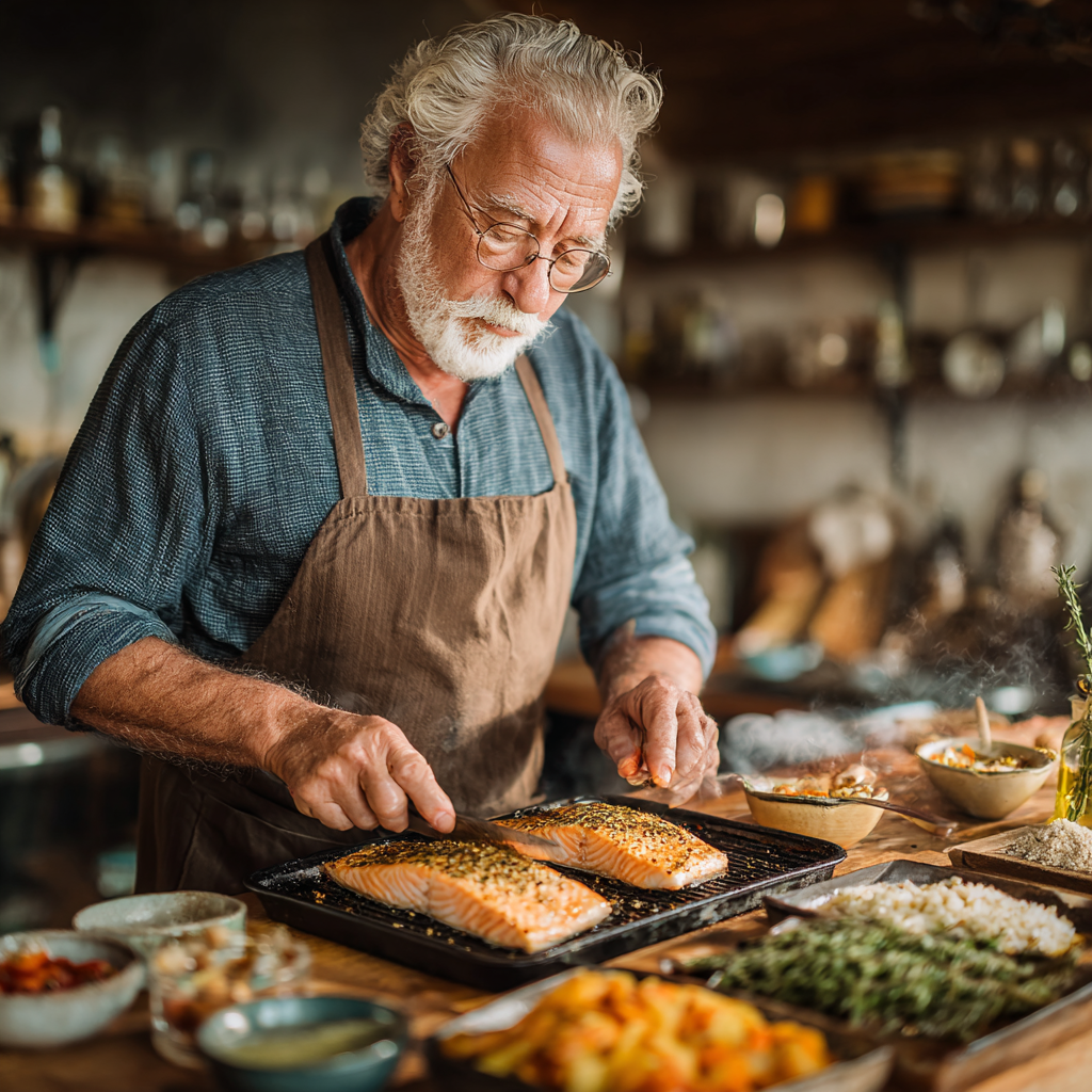 Szczęśliwa para seniorów przygotowująca zdrowy posiłek